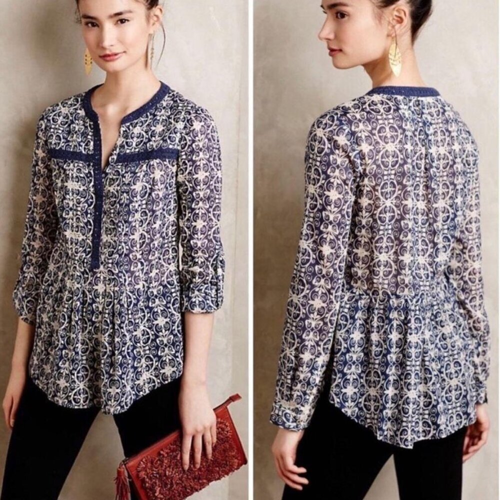 MAEVE Abella Pintuck Blouse Blue Cream Ivory Boho Long Sleeve Peplum Size 10